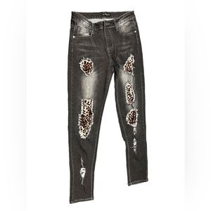 SHEILAY l, distressed, leopard, print, skinny jeans, size 3,28,waist, 28 length